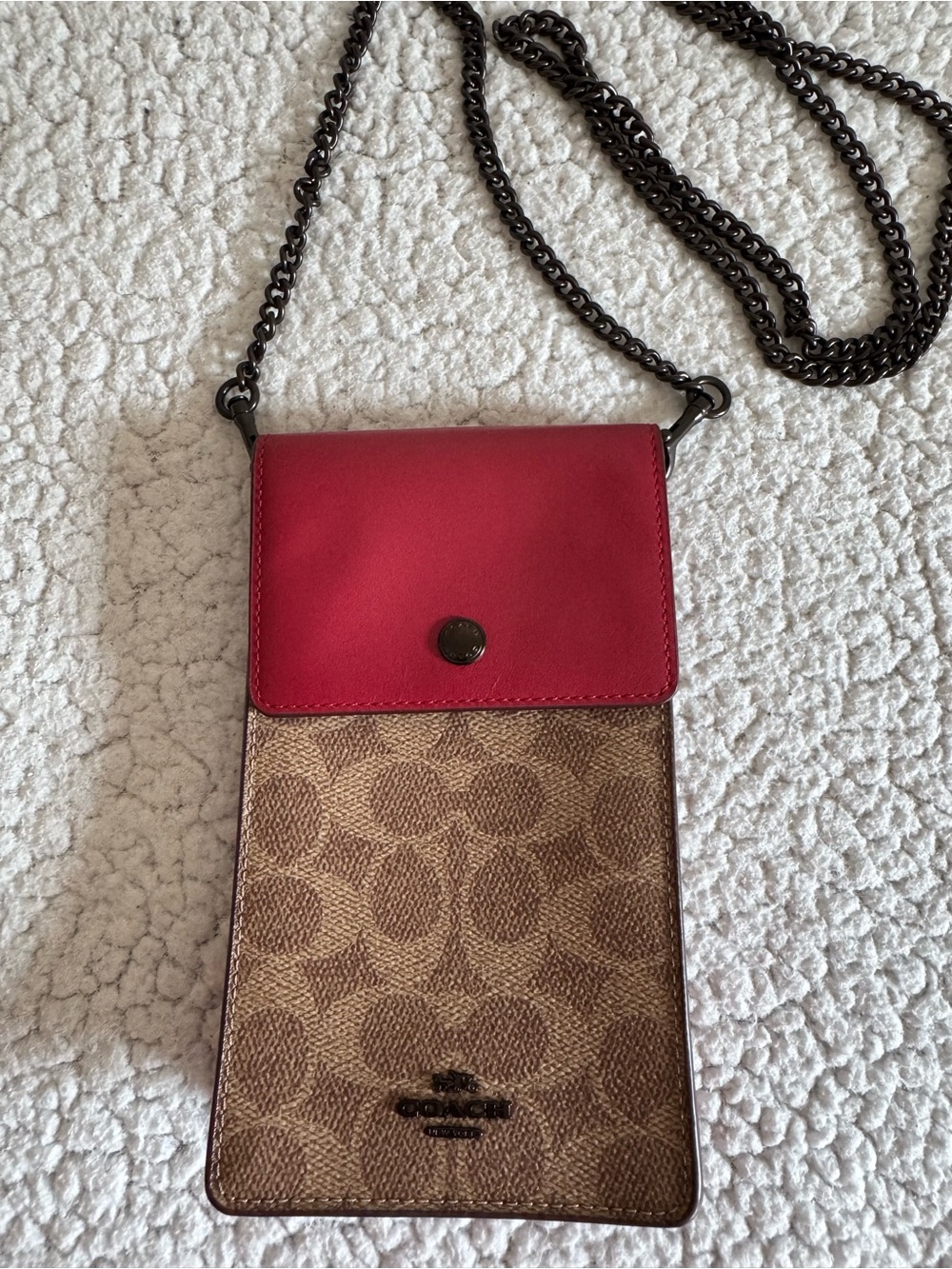 Coach Snap Phone Crossbody in Signature Brown Coated Canvas And Red Leather Trim